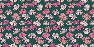 Retro seamless background. Colorful summer pattern. Hand-drawn trendy, abstract, simple shape  flowers on a green background. Vector design ornament for wallpaper, surface design, fashion, fabric
