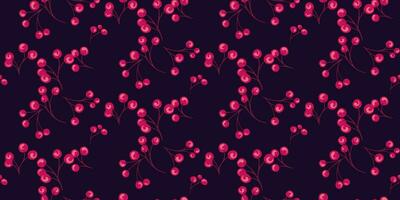 Seamless pattern with branches red berries on a dark background. Juniper, boxwood, viburnum,  barberry. Botanical illustration. Vector hand drawn sketch. Template for textile, fashion, print.