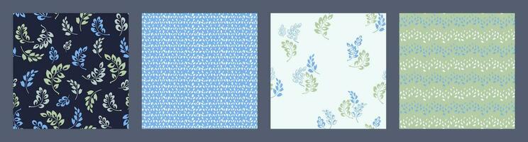 Set of seamless abstract, minimalistic, patterns. Vector hand drawn sketch doodle branches leaves, sketch dots, rhombus, and textures.  Collage blue green print. Template for design, fabric, fashion,