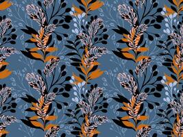 Creative  seamless pattern with artistic, modern, colorful branches with leaves. Vector hand drawn sketch leaves on a turquoise background. Template for design