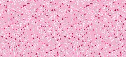 Seamless abstract, simple, tiny  flowers pattern. Vector hand drawn red shapes, spots, dots, white branches on a pink background. Template for fashion, fabric, design, textile