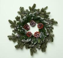 Christmas wreath with cones on a light green background. Photo