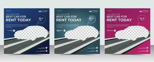 Set of editable square banner template. Car rental banner with black, 3 color background. Flat design vector with photo collage. Usable for social media, story and web internet ads.