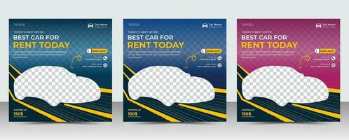 Set of editable square banner template. Car rental banner with black, 3 color background. Flat design vector with photo collage. Usable for social media, story and web internet ads.