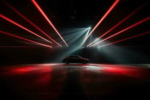 AI generated Modern red car in a tunnel, blurry tunnel light. Generated by artificial intelligence photo