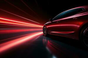 AI generated Modern red car in a tunnel, blurry tunnel light. Generated by artificial intelligence photo