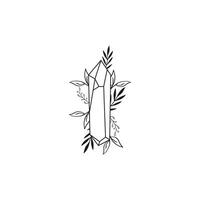 Vector line drawing graphic mystical magic with crystal and botanical leaves illustration