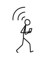 Illustration of a man walking with a phone. Vector. Connecting Wi-Fi. Metaphor. Linear style. Illustration for website or poster. Always online. vector