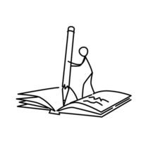 Illustration of a writer writing in a notebook. Vector. The teaching is light. Metaphor. Linear style. Illustration for website or poster. Records and notes. vector