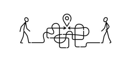 Illustration of a man walking through a maze to a meeting point. Vector. The maze is like a brain. Metaphor. Linear style. Illustration for website or presentation. Navigation. vector