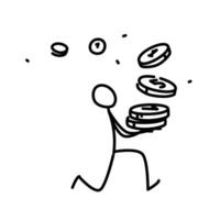 Illustration of a little man running with coins. Vector. Illustration for animation, re-presentation or website. Simple contour man. Businessman runs to the bank. The thief runs with the money. vector