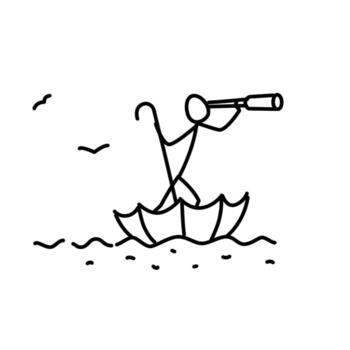 ilustración de un flotante hombre en un paraguas con un catalejo. vector. imagen para un almacenar, bandera o sitio web. un imagen de un peregrino mirando para un lucro y un casa. página en el sombrilla. vector