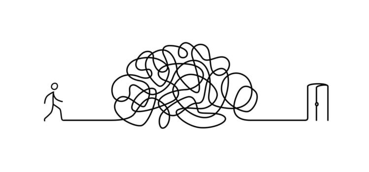 ilustración de un hombre caminando mediante un laberinto a el salida. vector. el laberinto es me gusta un cerebro. metáfora. lineal estilo. ilustración para un sitio web o presentación. vector