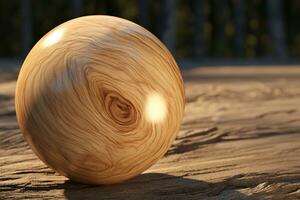 Wooden sphere 3d rendering, spherical shape made of wood on wood background AI generative photo