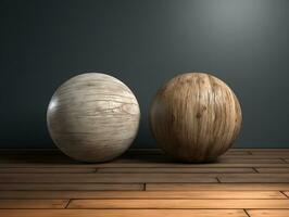Wooden sphere 3d rendering, spherical shape made of wood on wood background AI generative photo