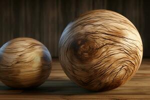 Wooden sphere 3d rendering, spherical shape made of wood on wood background AI generative photo