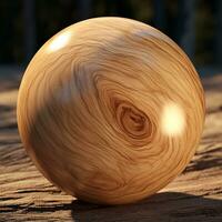 Wooden sphere 3d rendering, spherical shape made of wood on wood background AI generative photo