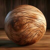 Wooden sphere 3d rendering, spherical shape made of wood on wood background AI generative photo