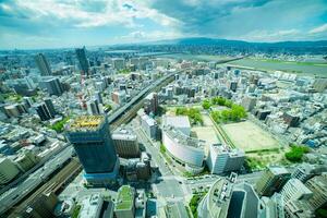 A panorama cityscape near Yodo river in Osaka wide shot photo