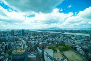 A panorama cityscape near Yodo river in Osaka wide shot photo