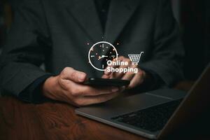 concept nonstop service online shopping available 24 7.businessman hand holding a virtual 24 7 symbol, along with a clock worldwide. round the clock accessibility for customer service and support photo