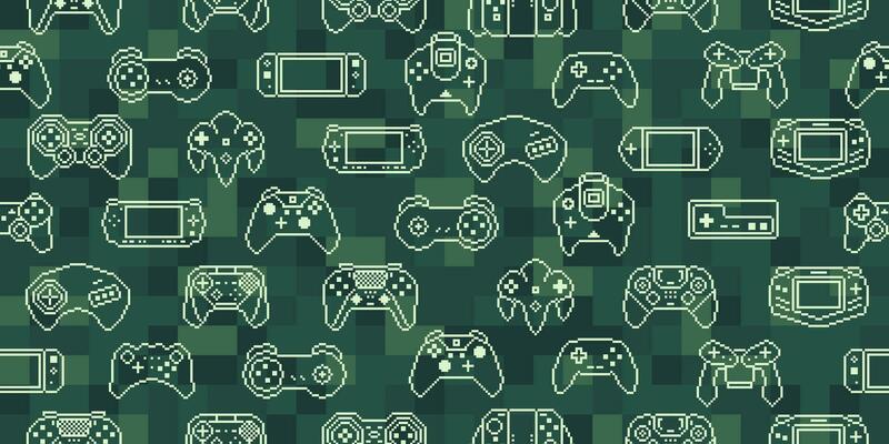 Video game controller background Gadgets and devices seamless pattern vector Pixel Art style