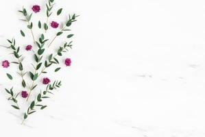 Christmas composition. Fir tree branches, red decorations on gray background, Flowers composition. White and purple flowers on marble background, Eucalyptus leaves, winter, top view. Christmas gift. photo