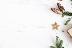 Christmas composition. Fir tree branches, red decorations on gray background, Flowers composition. White and purple flowers on marble background, Eucalyptus leaves, winter, top view. Christmas gift. photo