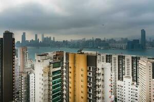 Hong Kong,March 26,2019-Panorama of skyscrapers of hong kong bay during a hazy day photo