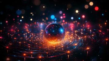 An abstract image of a sphere surrounded by colorful lights. AI Generative photo