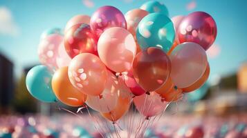 Cheerful festivity - colorful balloon celebration in the blue sky. AI Generative photo