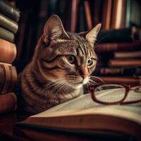 foto de un hermosa gato con lentes leyendo un libro ai generativo