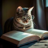 foto de un hermosa gato con lentes leyendo un libro ai generativo