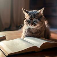 photo of a beautiful cat with glasses reading a book AI Generative