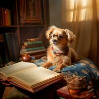 foto de un linda perro con lentes leyendo un libro ai generativo