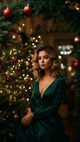 foto de un hermosa mujer en un Navidad árbol con Navidad arboles detrás su ai generado