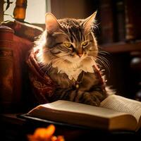 photo of a beautiful cat with glasses reading a book AI Generative