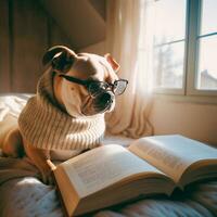 foto de un linda perro con lentes leyendo un libro ai generativo