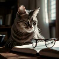 photo of a beautiful cat with glasses reading a book AI Generative