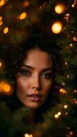 photo of a beautiful woman in a Christmas tree with Christmas trees behind her AI generated