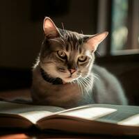 foto de un hermosa gato con lentes leyendo un libro ai generativo