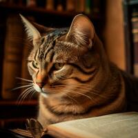 photo of a beautiful cat with glasses reading a book AI Generative