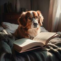 foto de un hermosa gato con lentes leyendo un libro ai generativo