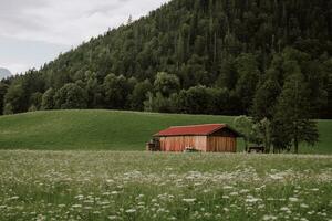 alpino chalet en el alemán Alpes. panorámico ver de escénico montaña paisaje en el Alpes con tradicional antiguo montaña chalet y Fresco verde prados en primavera. foto