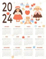 Kids annual calendar 2024 Cute Children toys, girl doll, plush toys in cartoon style. Vector vertical template 12 months in English. Week starts on Monday. Stationery, printing, organizer.