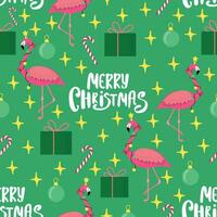 Christmas pattern with flamingo on green background vector