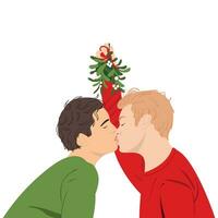 Men in love kiss under Mistletoe. vector