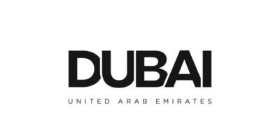 Dubai in the United Arab Emirates emblem. The design features a geometric style, vector illustration with bold typography in a modern font. The graphic slogan lettering.