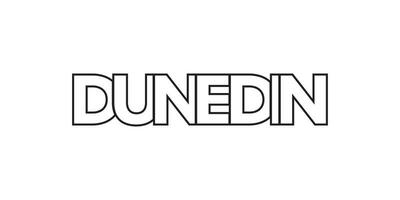 Dunedin in the New Zealand emblem. The design features a geometric style, vector illustration with bold typography in a modern font. The graphic slogan lettering.