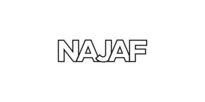 Najaf in the Iraq emblem. The design features a geometric style, vector illustration with bold typography in a modern font. The graphic slogan lettering.